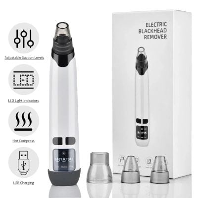 Suction level control blackhead remover device with LED indicator and hot compress function, USB rechargeable, displayed with user-friendly interface and three attachments for skincare.