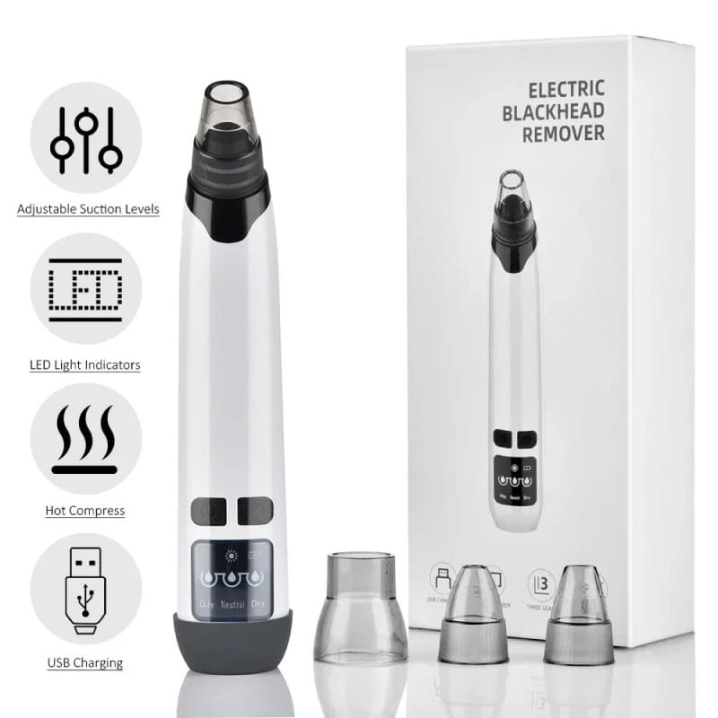 Suction level control blackhead remover device with LED indicator and hot compress function, USB rechargeable, displayed with user-friendly interface and three attachments for skincare.