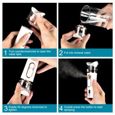Portable facial mist spray device for skincare & hydration, easy to use, fill with mineral water, and activate with one button for instant refreshment. Perfect for travel and daily skincare routines.