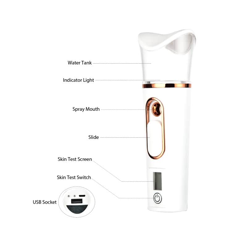 Water facial cleansing device with spray mouth and skin test features for advanced skincare.