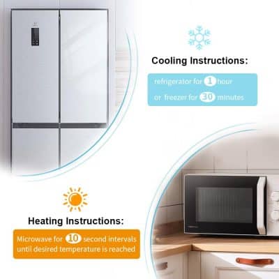 Stainless steel refrigerator and microwave oven in a modern kitchen setup, showcasing appliances with cooling and heating instructions for optimal food storage and preparation.
