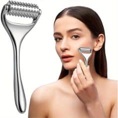 Stainless steel dermaroller for skin rejuvenation and anti-aging facial treatment, ideal for improving skin texture and reducing wrinkles.