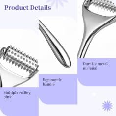 Stainless steel derma roller for skin treatment, multi-roller pins, ergonomic handle and durable metal material, ideal for facial rejuvenation and anti-aging skincare routines.