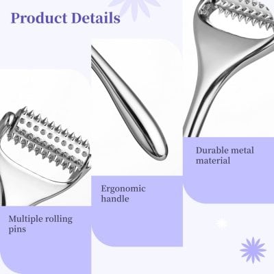 Stainless steel derma roller for skin treatment, multi-roller pins, ergonomic handle and durable metal material, ideal for facial rejuvenation and anti-aging skincare routines.