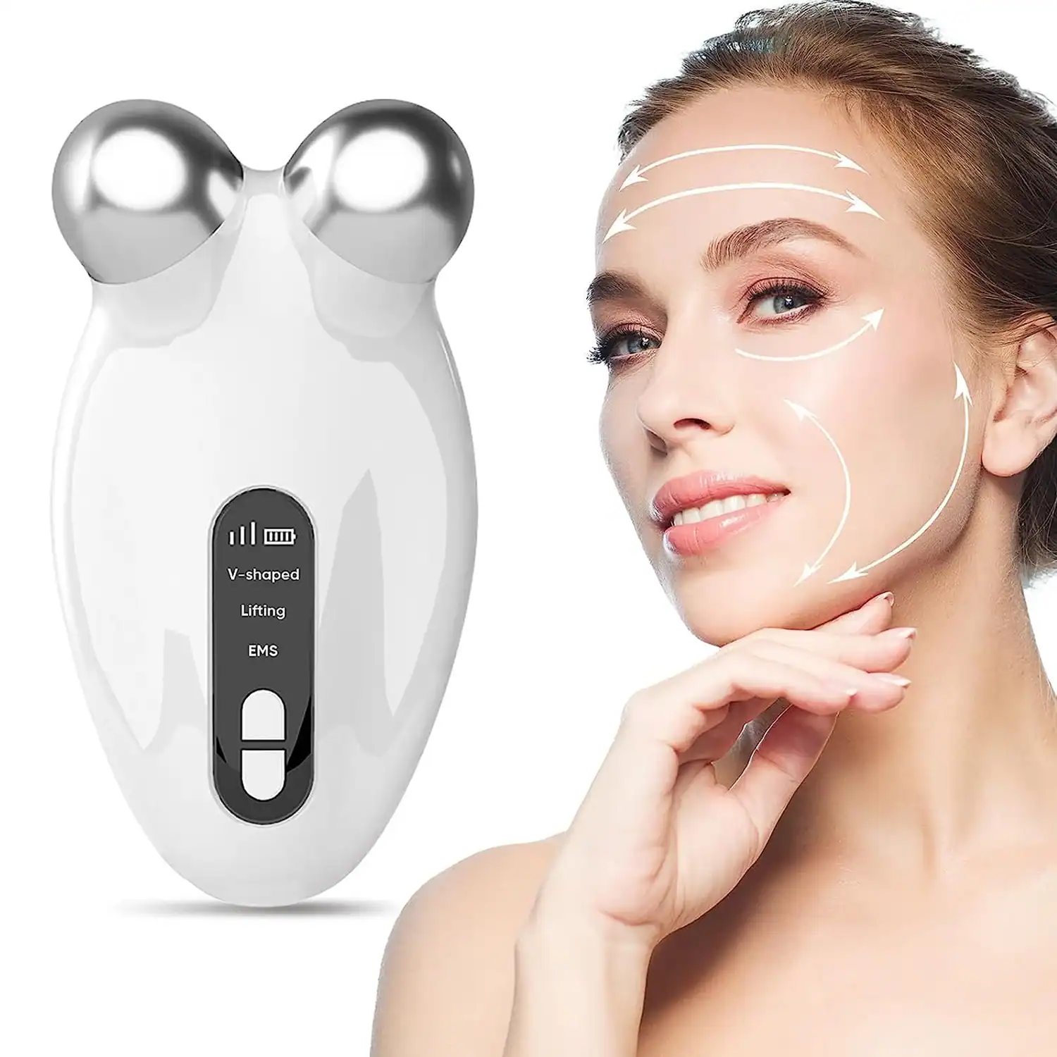 V-shaped facial lifting device for skin tightening and anti-aging, displayed with a woman’s face showing facial muscle lifting, skincare, and beauty treatment benefits.