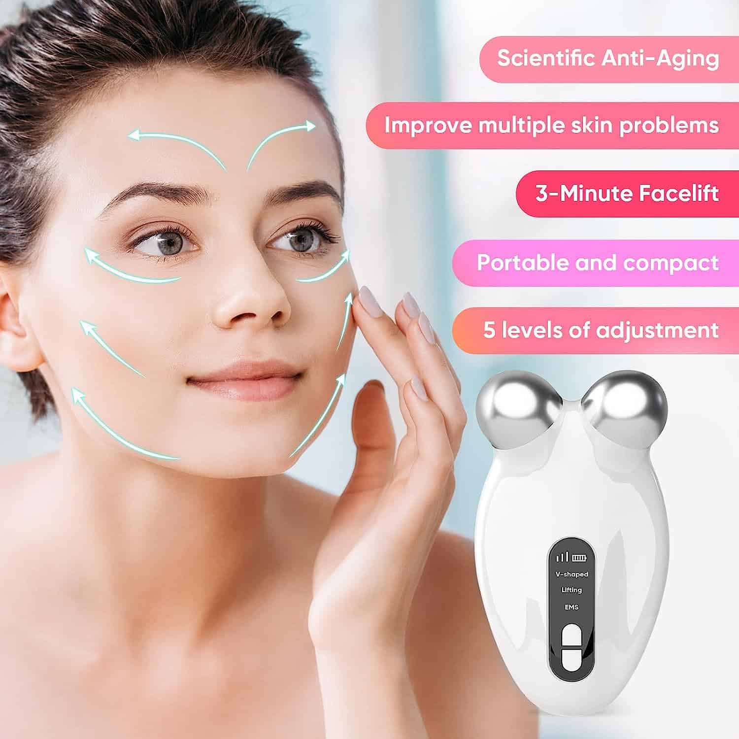 Rejuvenating facial massage device for anti-aging, skin problem improvement, and quick 3-minute facelift, featuring adjustable levels, portability, and capacity to enhance skin health and youthful appearance.