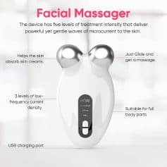 Microcurrent facial massage device with five treatment levels, designed for skincare, skin rejuvenation, and full-body use, featuring USB charging and targeted microcurrent therapy.
