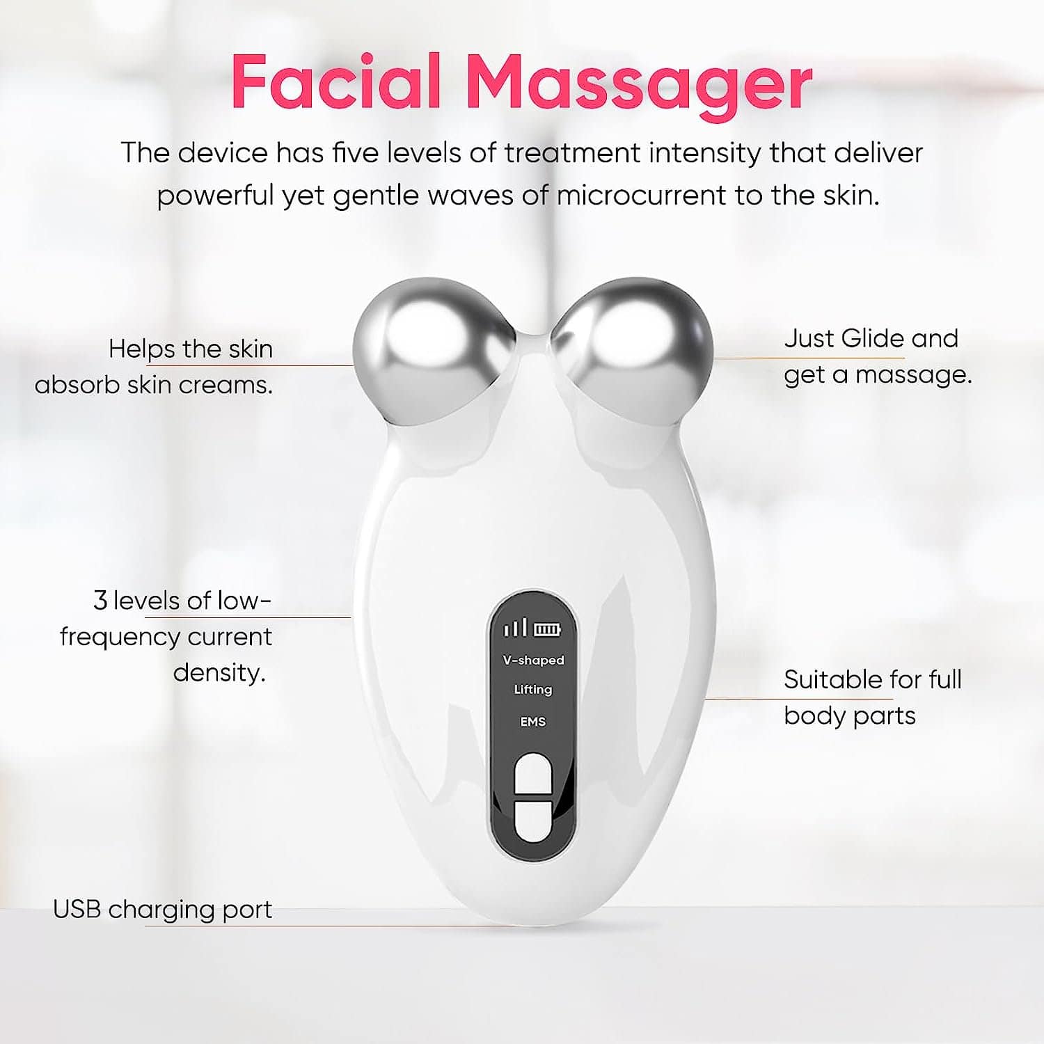 Microcurrent facial massage device with five treatment levels, designed for skincare, skin rejuvenation, and full-body use, featuring USB charging and targeted microcurrent therapy.
