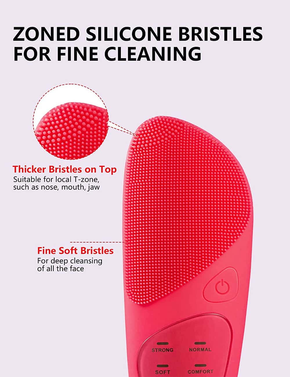 Microfiber silicone facial cleansing brush with soft and dense bristles for deep skin cleaning, featuring a targeted zone with thicker bristles for precise T-zone care.
