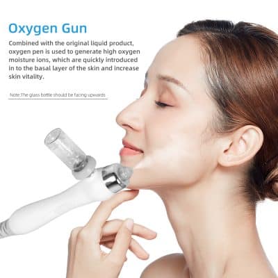 Oxygen facial treatment using a specialized oxygen gun for skin hydration and vitality, shown with a woman receiving the therapy at Monalisa Store.