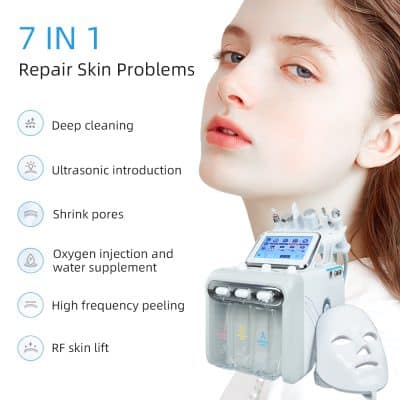 7 in 1 skin rejuvenation device for facial skin concerns, with deep cleaning, ultrasonic introduction, pore shrinking, oxygen water injection, high-frequency peeling, RF skin lift, and mask application at Monalisa Medical Store.