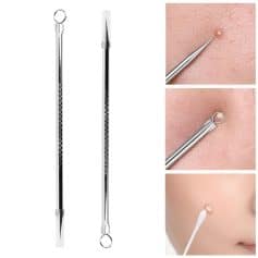 Sterile blackhead and acne comedone removal tools with precision tips, stainless steel double-ended extractor for facial pore cleaning and skin care.
