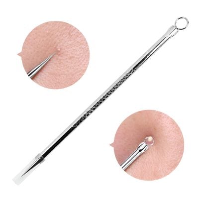 Fine detail blackhead remover tool for skincare, precision pore extraction, dermatology, blackhead and acne removal, facial cleansing, professional skincare treatment.