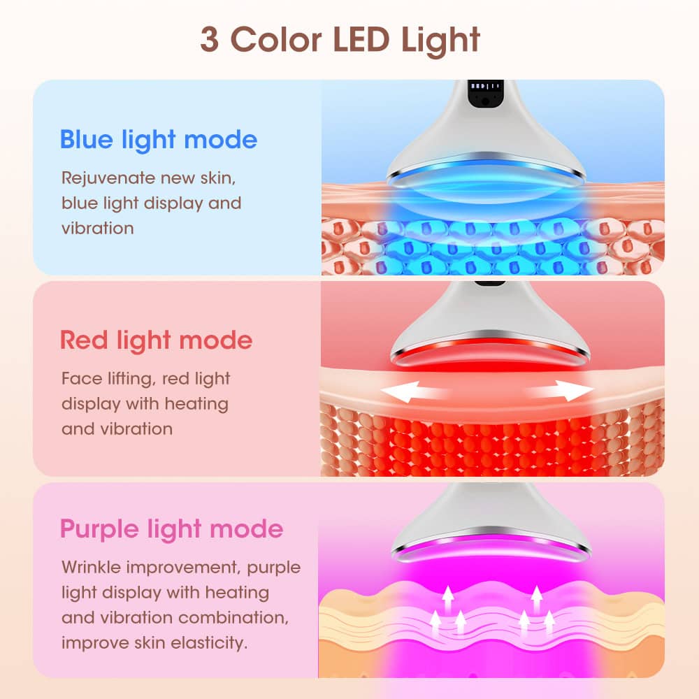 Infrared and LED light therapy device for skin rejuvenation, anti-aging, and wrinkle reduction at Monalisa Store. Enhances skin elasticity with customizable red, blue, and purple light modes.