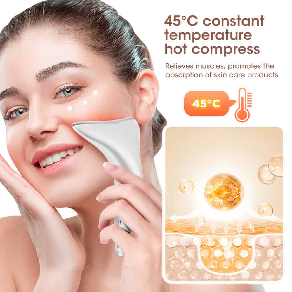 Deep cleansing skincare with hot compress for enhanced absorption and muscle relief at 45°C. Ideal for skin care routines to promote healthy and glowing skin with professional skincare devices.