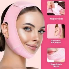 Silicone face lifting mask with side-leak ear holes, breathable mesh material, and magic sticker for a comfortable fit, designed for facial skin care and rejuvenation.