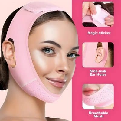 Silicone face lifting mask with side-leak ear holes, breathable mesh material, and magic sticker for a comfortable fit, designed for facial skin care and rejuvenation.
