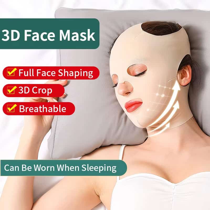 3D face mask for skincare, full face shaping, breathable fabric, suitable for sleep, ideal for facial rejuvenation and beauty routines.