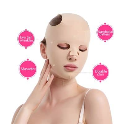 Silicone facial mask with eye, nasolabial, double chin, and masseter area markers for skincare or cosmetic procedures.