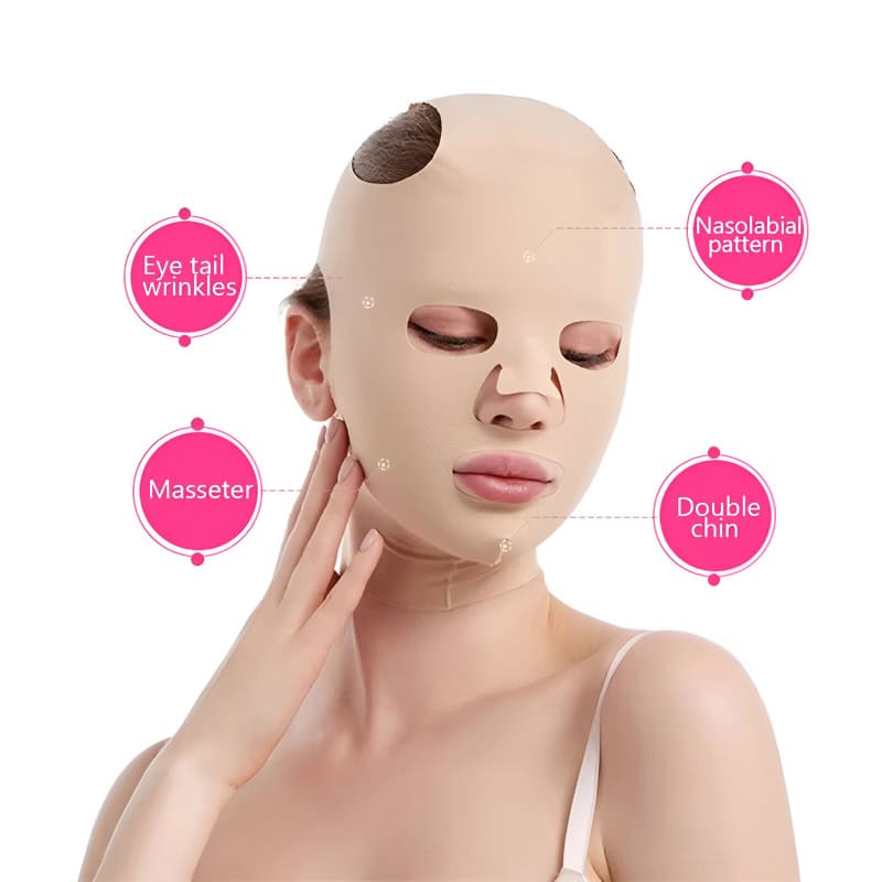 Silicone facial mask with eye, nasolabial, double chin, and masseter area markers for skincare or cosmetic procedures.