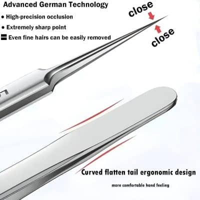 High-precision eyelash extension tweezers with German technology, ergonomic curved tail design for better control and easy removal of fine hairs, ideal for professional eyelash extension applications.