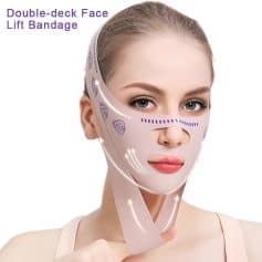 Double-deck face lift mask for skincare, facial rejuvenation, and anti-aging, shown on a woman with clear skin, offering non-invasive facial lifting, skin tightening, and hydration benefits.