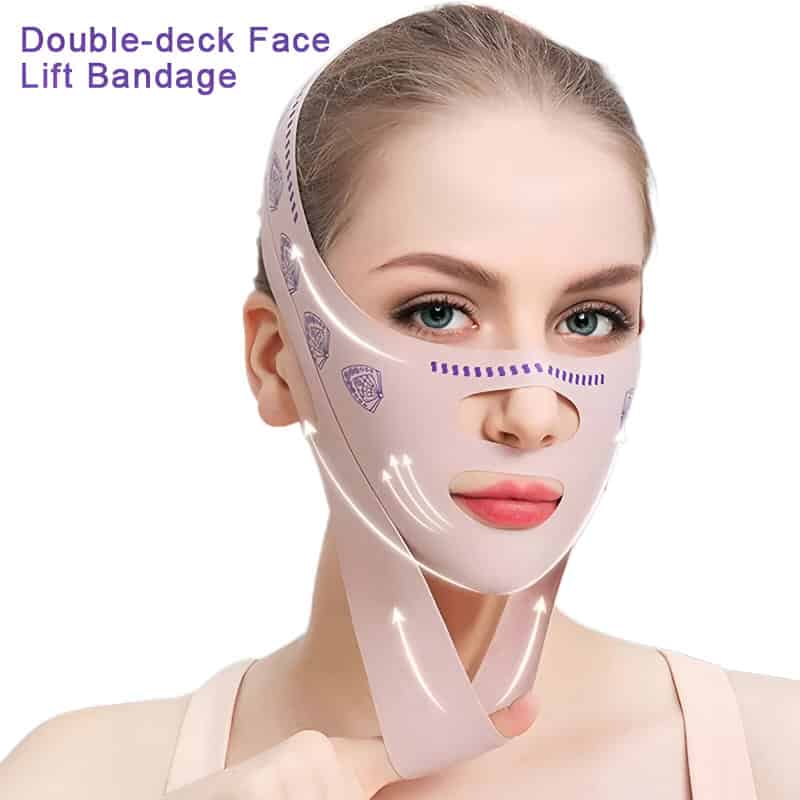 Double-deck face lift mask for skincare, facial rejuvenation, and anti-aging, shown on a woman with clear skin, offering non-invasive facial lifting, skin tightening, and hydration benefits.