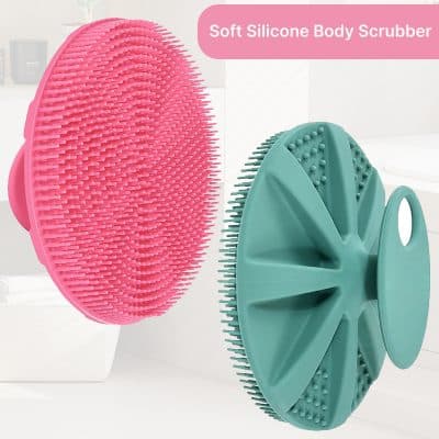 Pink silicone body scrubber for exfoliating skin, gentle and effective cleansing tool, ideal for face and body skincare routines.
