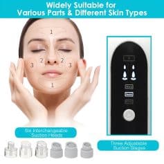 Deep cleansing facial vacuum device with interchangeable suction heads for various skin types and targeted treatment areas. Ideal for oiliness, blackheads, and pore refinement.