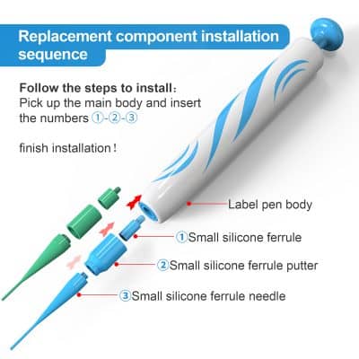 Replacement component installation sequence for ophthalmic devices, detailed step-by-step guide for proper assembly, including silicone ferrules and pen body, relevant for eye care professionals and technicians.