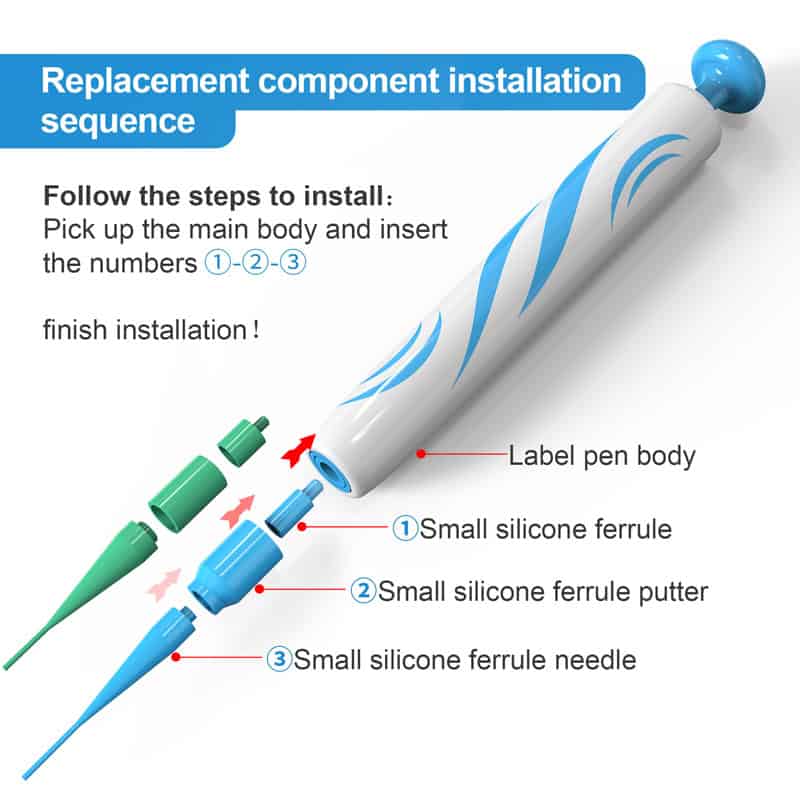 Replacement component installation sequence for ophthalmic devices, detailed step-by-step guide for proper assembly, including silicone ferrules and pen body, relevant for eye care professionals and technicians.