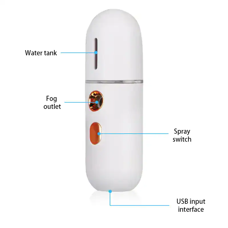 Portable ultrasonic facial steamer with water tank, fog outlet, spray switch, and USB input interface for skin hydration and facial cleansing. Perfect for at-home or professional skincare routines.