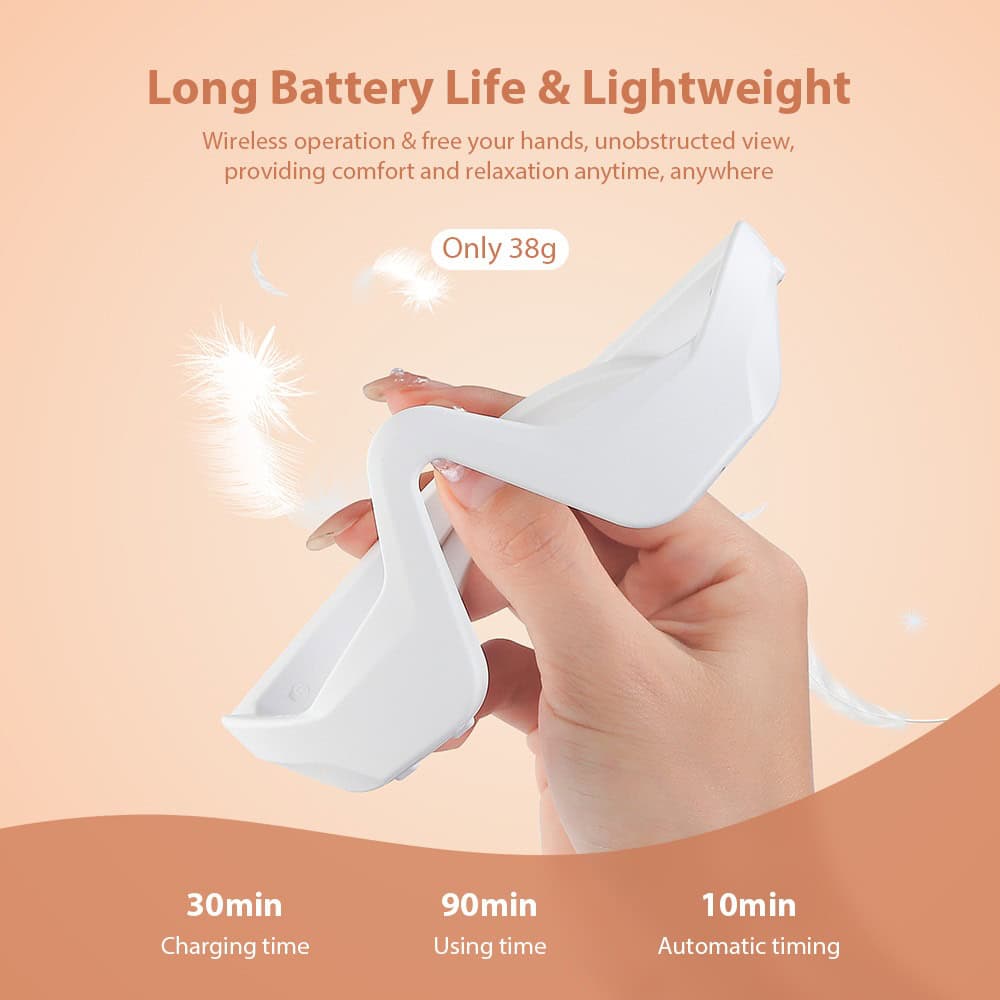 Long-lasting lightweight wireless device with long battery life, ideal for hands-free use, providing comfort, relaxation, and unobstructed view during eye care routines, only 38g.