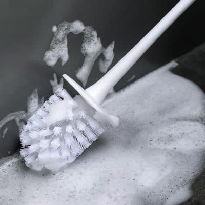 White cleaning scrub brush with handle, used for bathroom cleaning, removing soap scum, mold, and grime, perfect for household hygiene and maintenance, Monalisa Store.