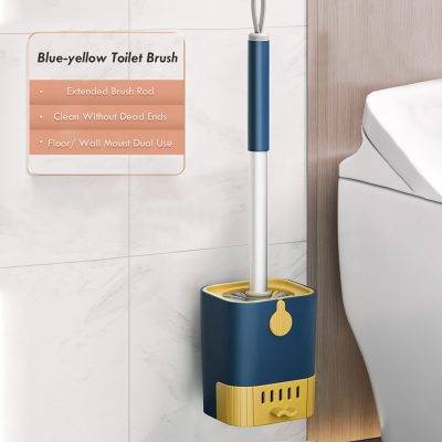 Blue-yellow toilet brush holder with extended brush rod, suitable for floor and wall mount use, clean without dead ends, from Monalisa Store.