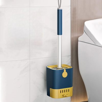 High-quality modern toilet cleaning brush with holder in navy blue and yellow, designed for hygienic bathroom cleaning and maintenance.
