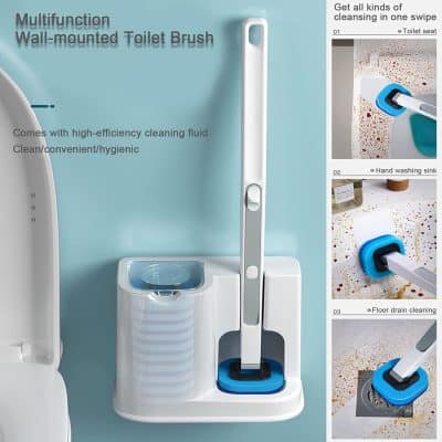 High-efficiency wall-mounted toilet brush with cleaning fluid holder, sanitary and convenient bathroom cleaning tool.