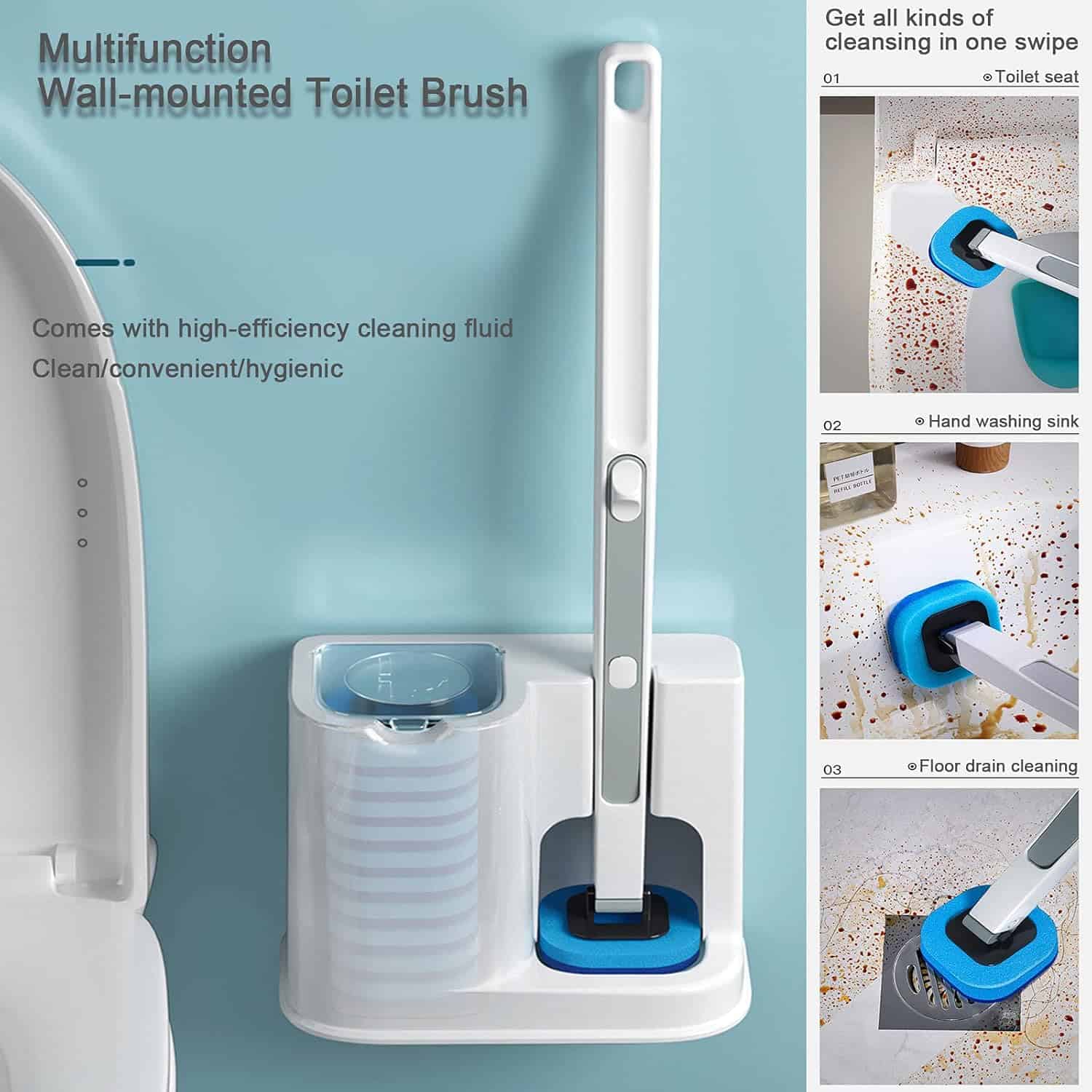 High-efficiency wall-mounted toilet brush with cleaning fluid holder, sanitary and convenient bathroom cleaning tool.