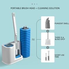 Portable dental cleaning device with brush head and cleaning solution, odor control, and quick treatment capabilities for effective oral hygiene.
