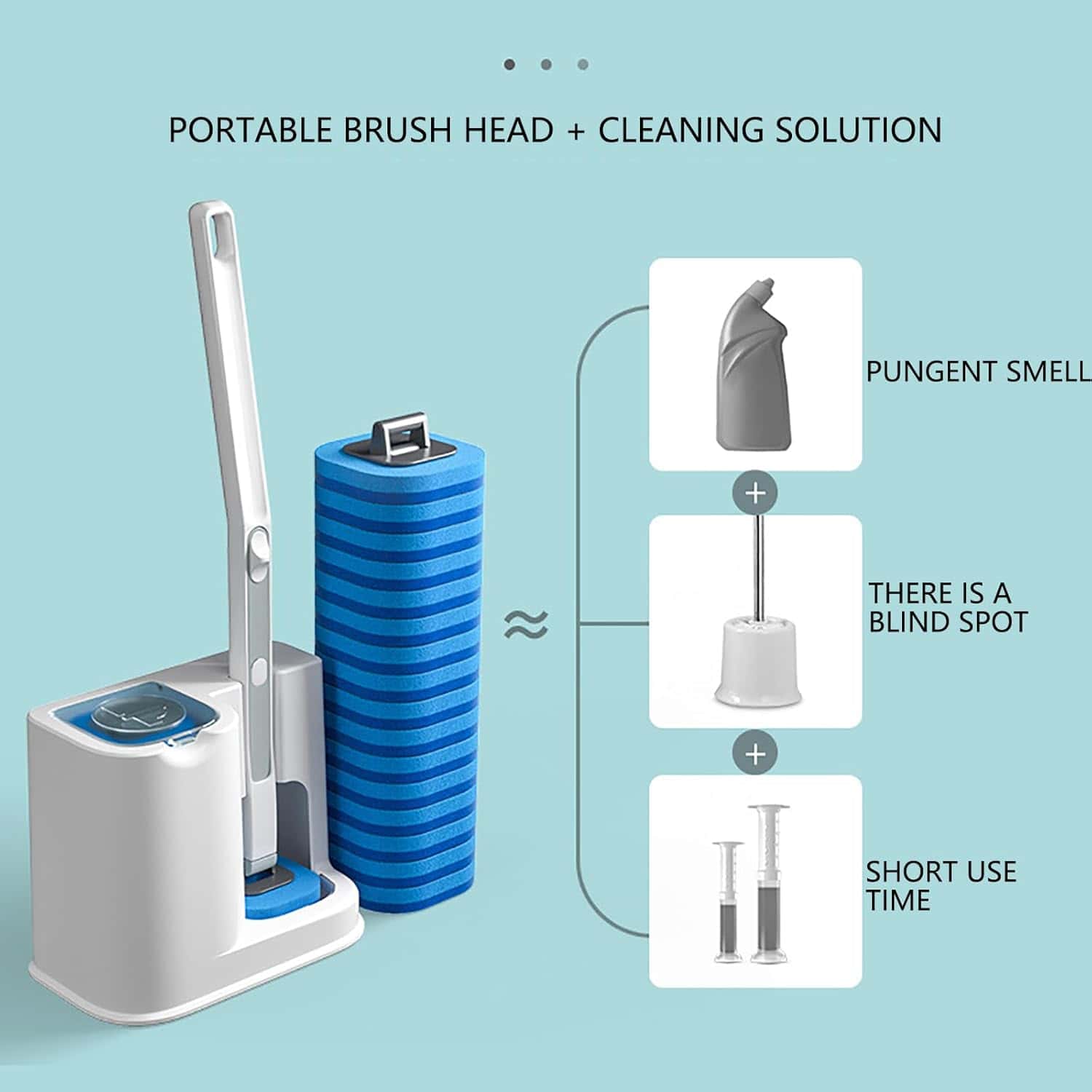 Portable dental cleaning device with brush head and cleaning solution, odor control, and quick treatment capabilities for effective oral hygiene.
