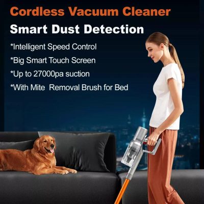 Cordless vacuum cleaner for pet hair and dust removal, featuring smart dust detection, touch screen, and powerful suction up to 27000pa. Ideal for home cleaning with mite removal brush.