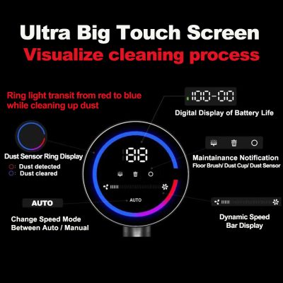 Bright digital touch screen interface of a cleaning device with dust sensor, battery life display, and speed control, ideal for modern cleaning solutions.