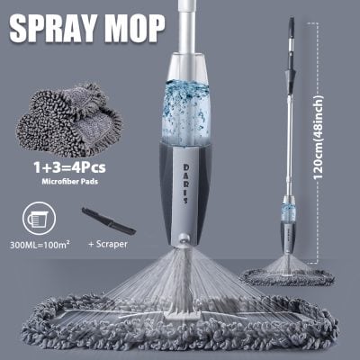Microfiber mop with spray function, long handle, cleaning pads, and scraper for efficient home and commercial cleaning. Lightweight and easy to use for floors and surfaces.