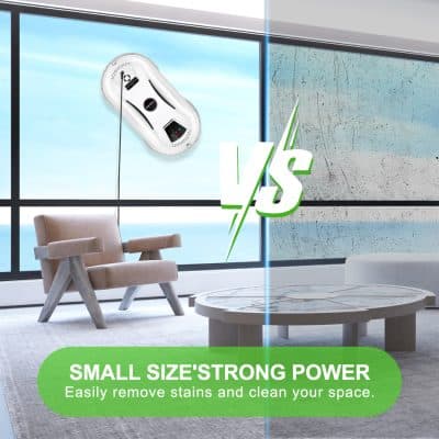 Lightweight cordless window cleaning robot with powerful suction and stain removal capabilities for home and office use.