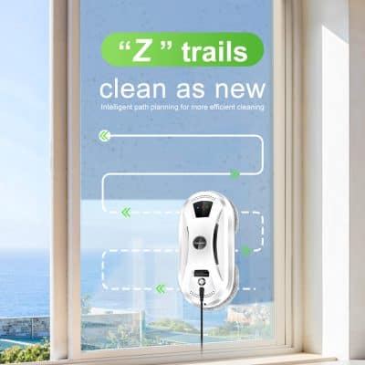 Image of a modern robotic vacuum cleaner on a large window with ocean view, promoting efficient and intelligent cleaning solutions, ideal for innovative home or commercial cleaning needs.