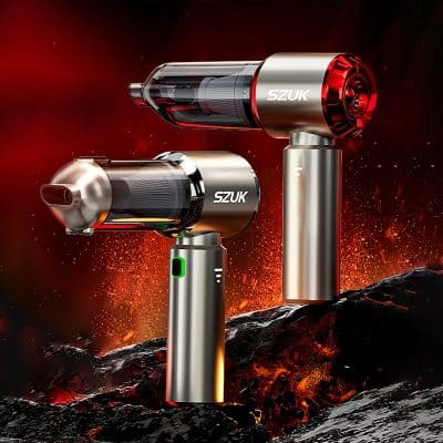 SZUK cordless vacuum cleaner, handheld stick vacuum for home cleaning, lightweight and portable, powerful suction with red and silver design.