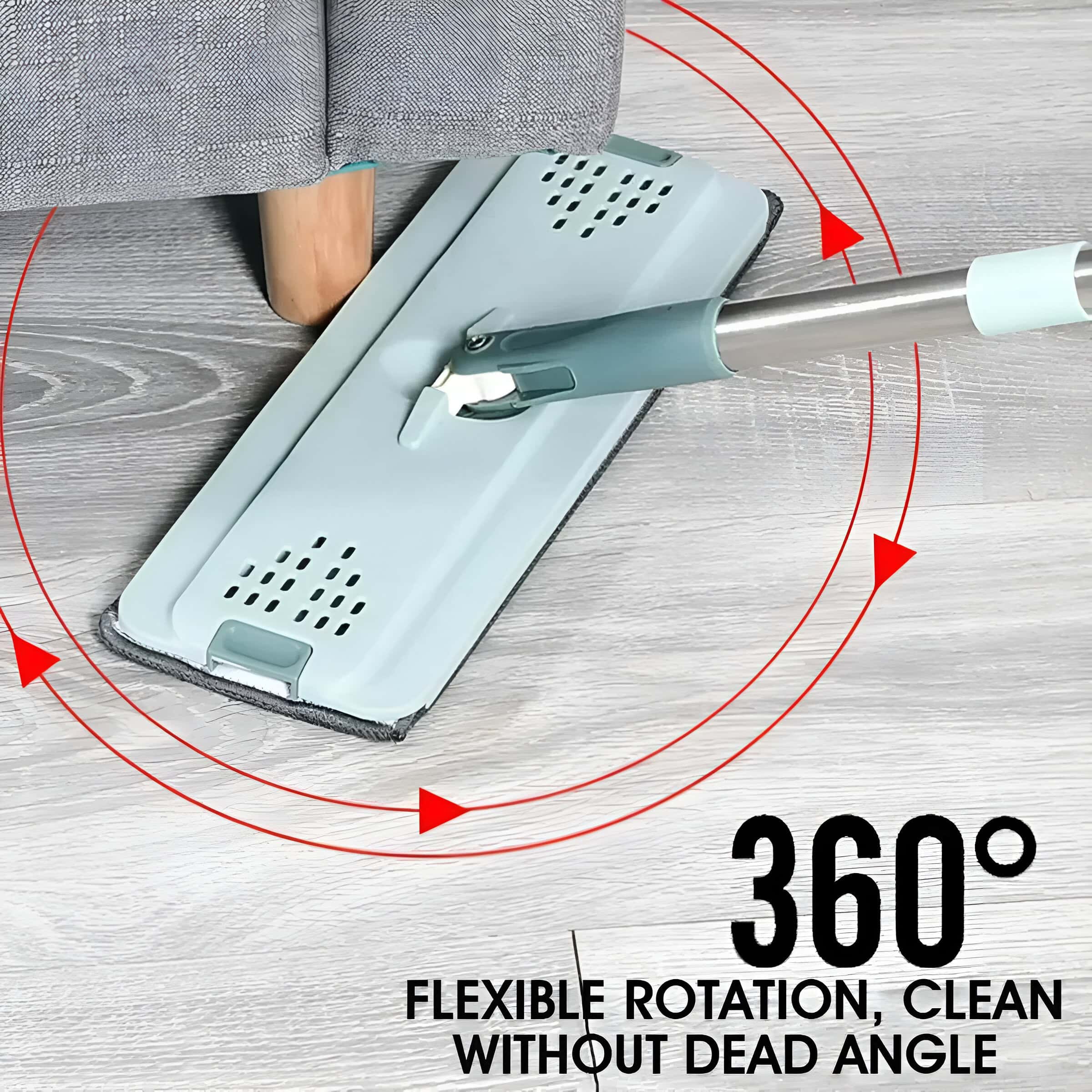 Flexible 360-degree rotation floor mop for easy cleaning under furniture and hard-to-reach areas, featuring a comfortable ergonomic handle and durable microfiber pads.