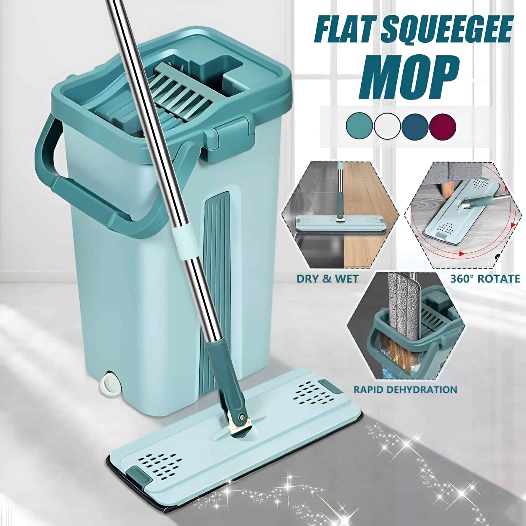 Efficient flat squeegee mop for cleaning floors, featuring 360° rotation, rapid dehydration, suitable for dry and wet mopping in home and commercial spaces.