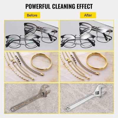 Polished & scratched eyeglasses, elegant jewelry, rusty wrench, and shiny adjustable wrench, showcasing before and after cleaning effects at Monalisa Medical Store for optical and jewelry clarity.