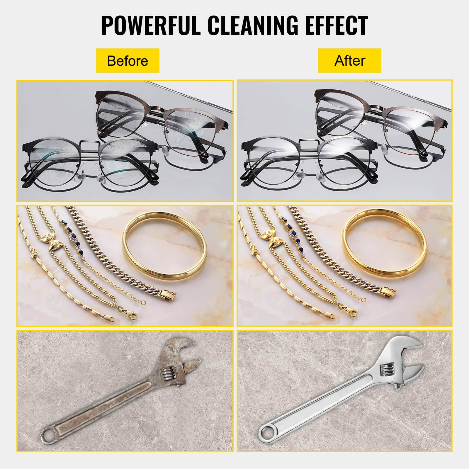 Polished & scratched eyeglasses, elegant jewelry, rusty wrench, and shiny adjustable wrench, showcasing before and after cleaning effects at Monalisa Medical Store for optical and jewelry clarity.
